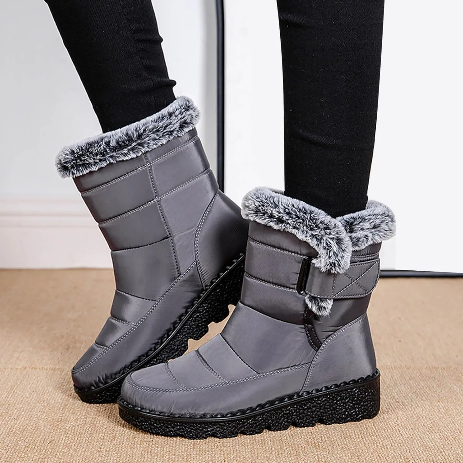 Winter Boots for Women Men Couple Warm Fur Lined Booties Non Slip Waterproof Flat Hook Loop Snow Boots