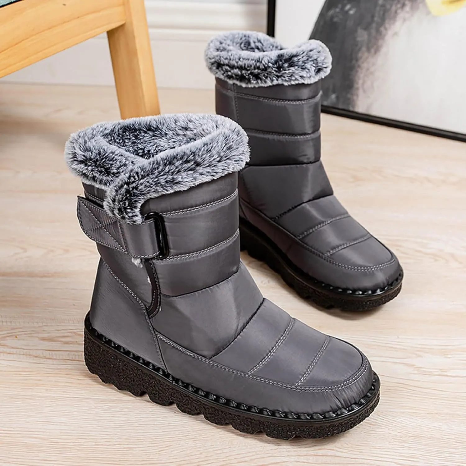 Winter Boots for Women Men Couple Warm Fur Lined Booties Non Slip Waterproof Flat Hook Loop Snow Boots