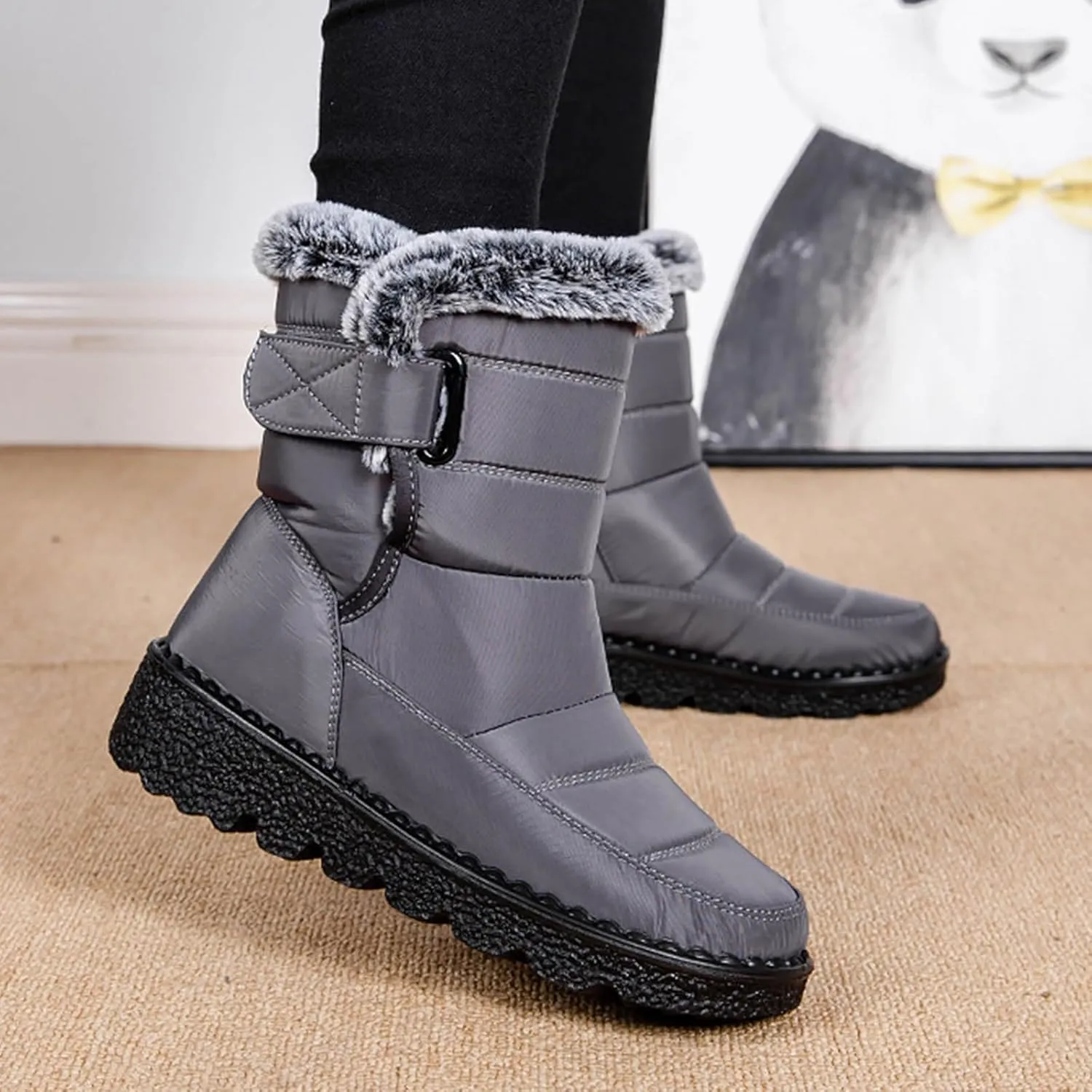 Winter Boots for Women Men Couple Warm Fur Lined Booties Non Slip Waterproof Flat Hook Loop Snow Boots
