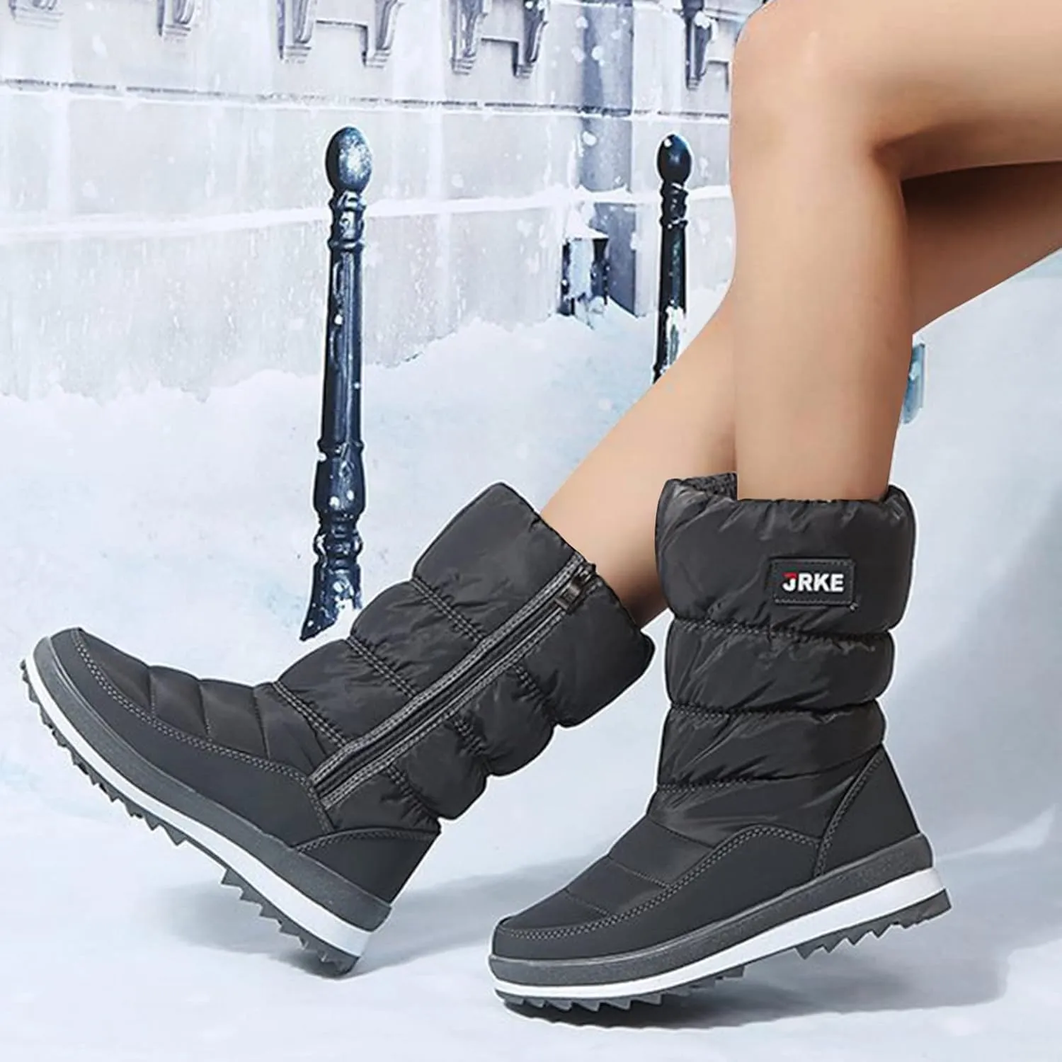 Winter Boots for Women Puffy Winter Snow Waterproof Ankle Booties Anti Slip Mid Calf Snow Booties with Side Zip