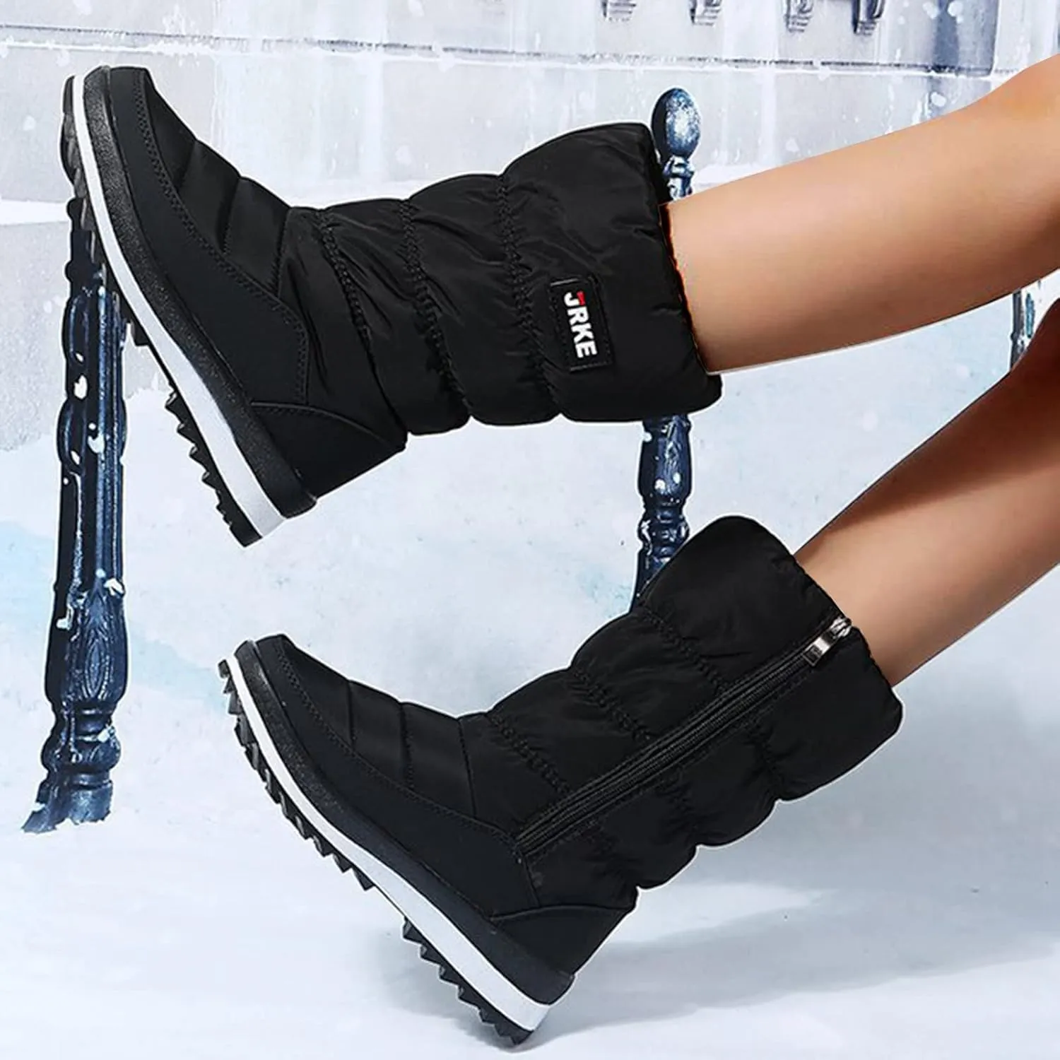 Winter Boots for Women Puffy Winter Snow Waterproof Ankle Booties Anti Slip Mid Calf Snow Booties with Side Zip