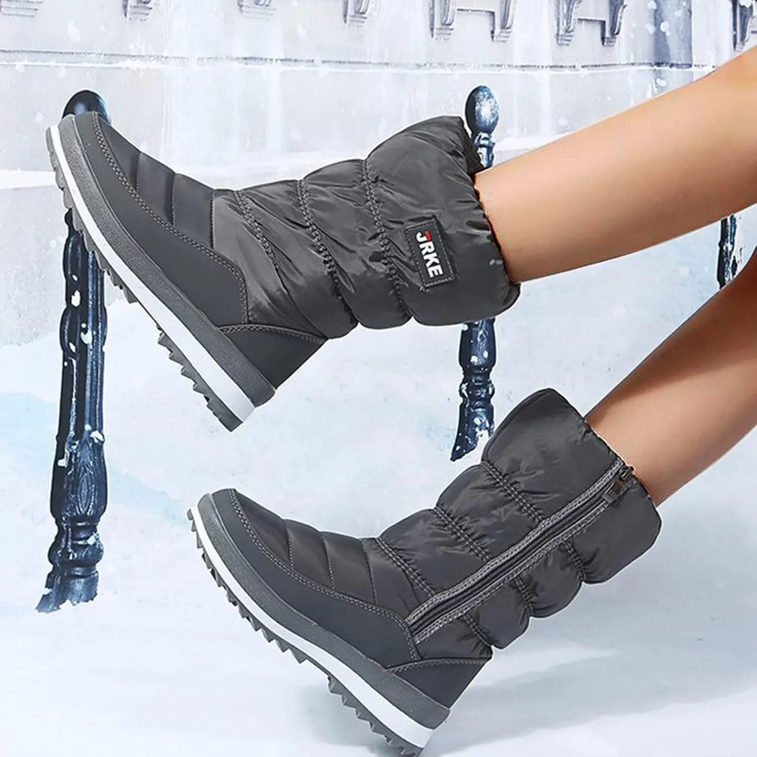 Winter Boots for Women Puffy Winter Snow Waterproof Ankle Booties Anti Slip Mid Calf Snow Booties with Side Zip