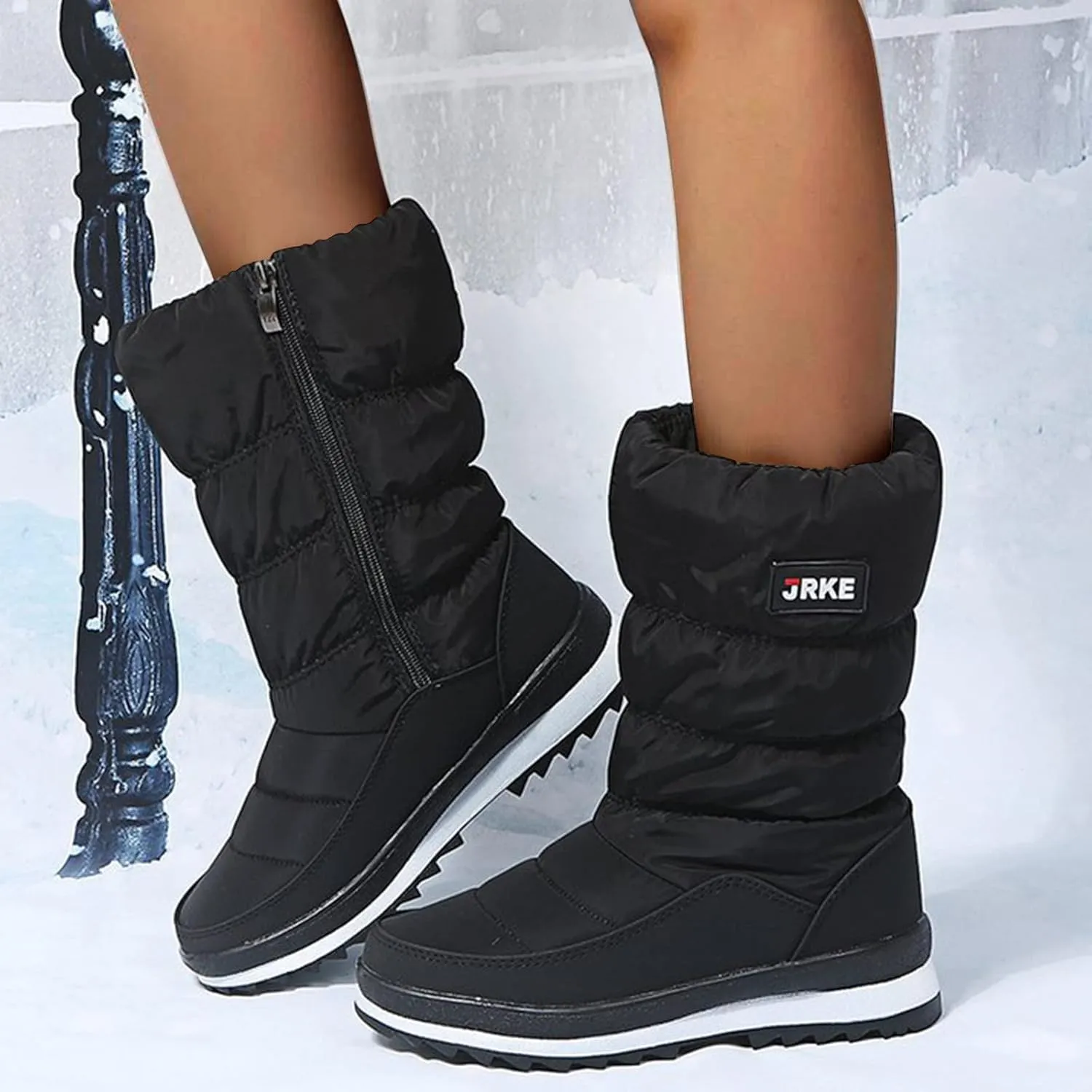 Winter Boots for Women Puffy Winter Snow Waterproof Ankle Booties Anti Slip Mid Calf Snow Booties with Side Zip