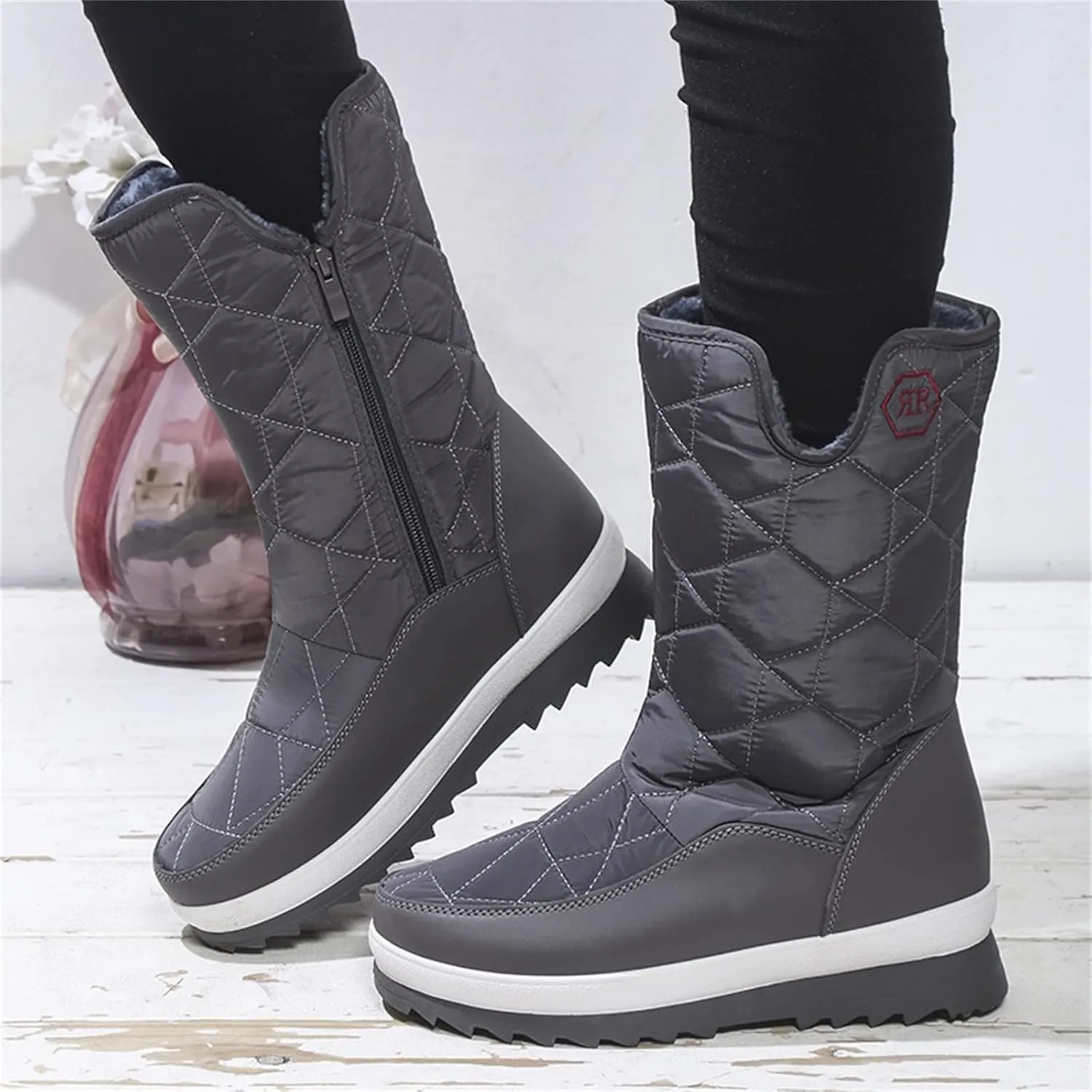 Winter Boots for Women Warm Fur Lined Waterproof Outdoor Mid Calf Snow Boots Platform Anti Slip with Side Zip