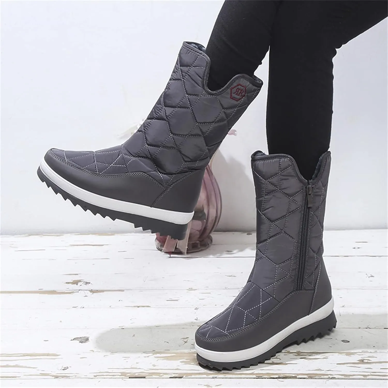 Winter Boots for Women Warm Fur Lined Waterproof Outdoor Mid Calf Snow Boots Platform Anti Slip with Side Zip
