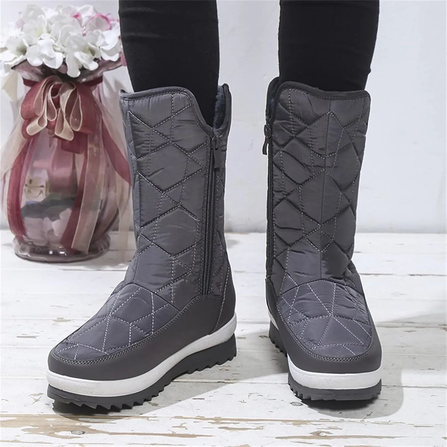 Winter Boots for Women Warm Fur Lined Waterproof Outdoor Mid Calf Snow Boots Platform Anti Slip with Side Zip
