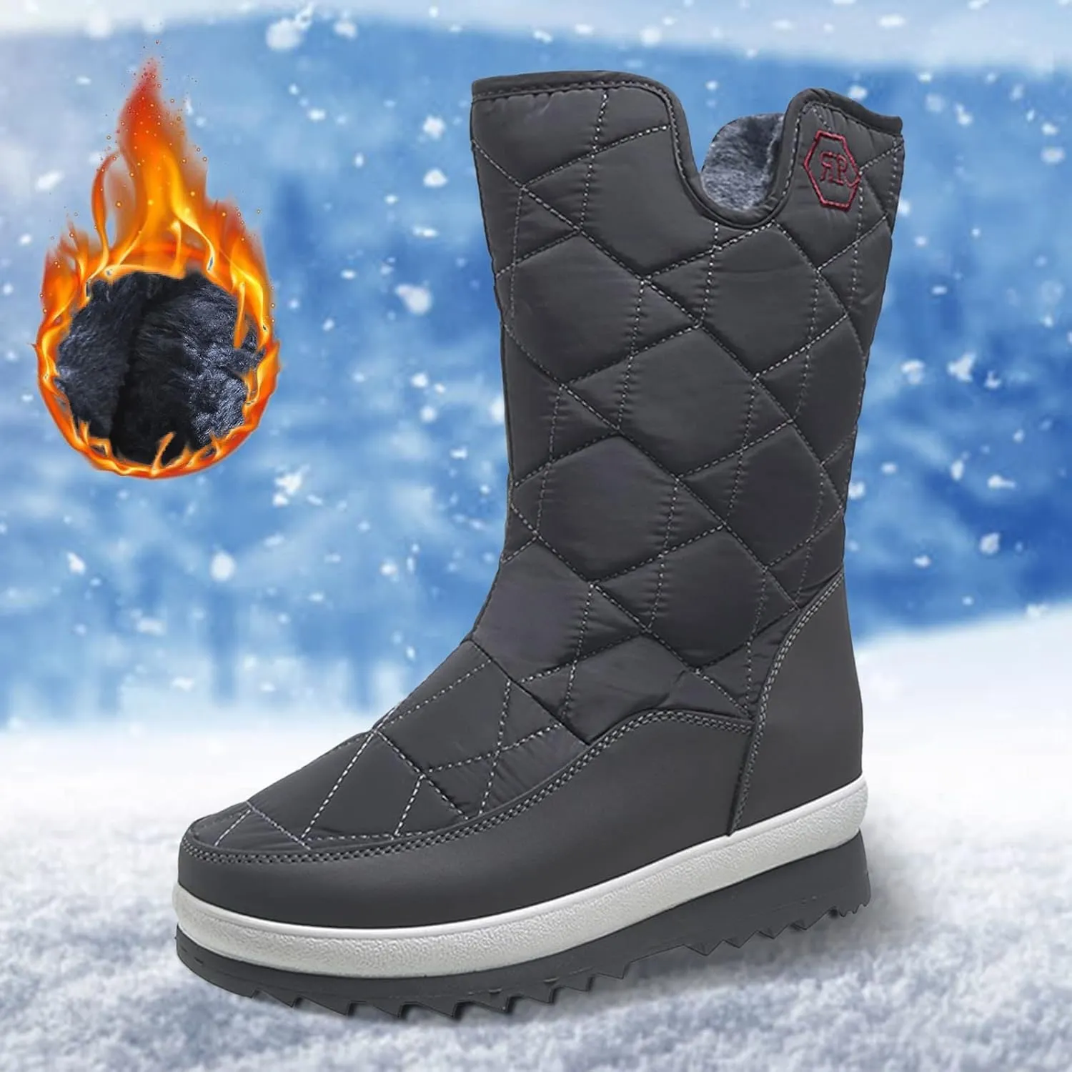 Winter Boots for Women Warm Fur Lined Waterproof Outdoor Mid Calf Snow Boots Platform Anti Slip with Side Zip