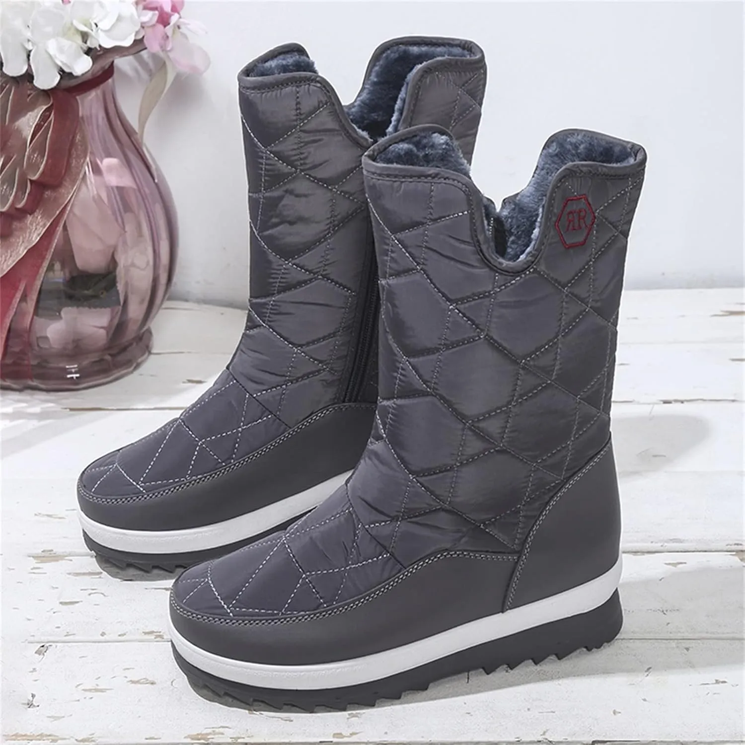 Winter Boots for Women Warm Fur Lined Waterproof Outdoor Mid Calf Snow Boots Platform Anti Slip with Side Zip