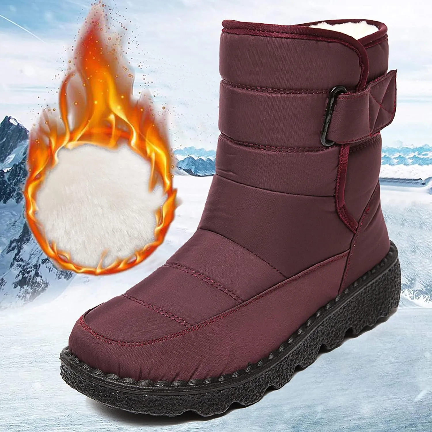 Winter Boots for Women Waterproof Warm Fur Lining Mid Calf Boots Hook Loop Comfortable Outdoor Shoes