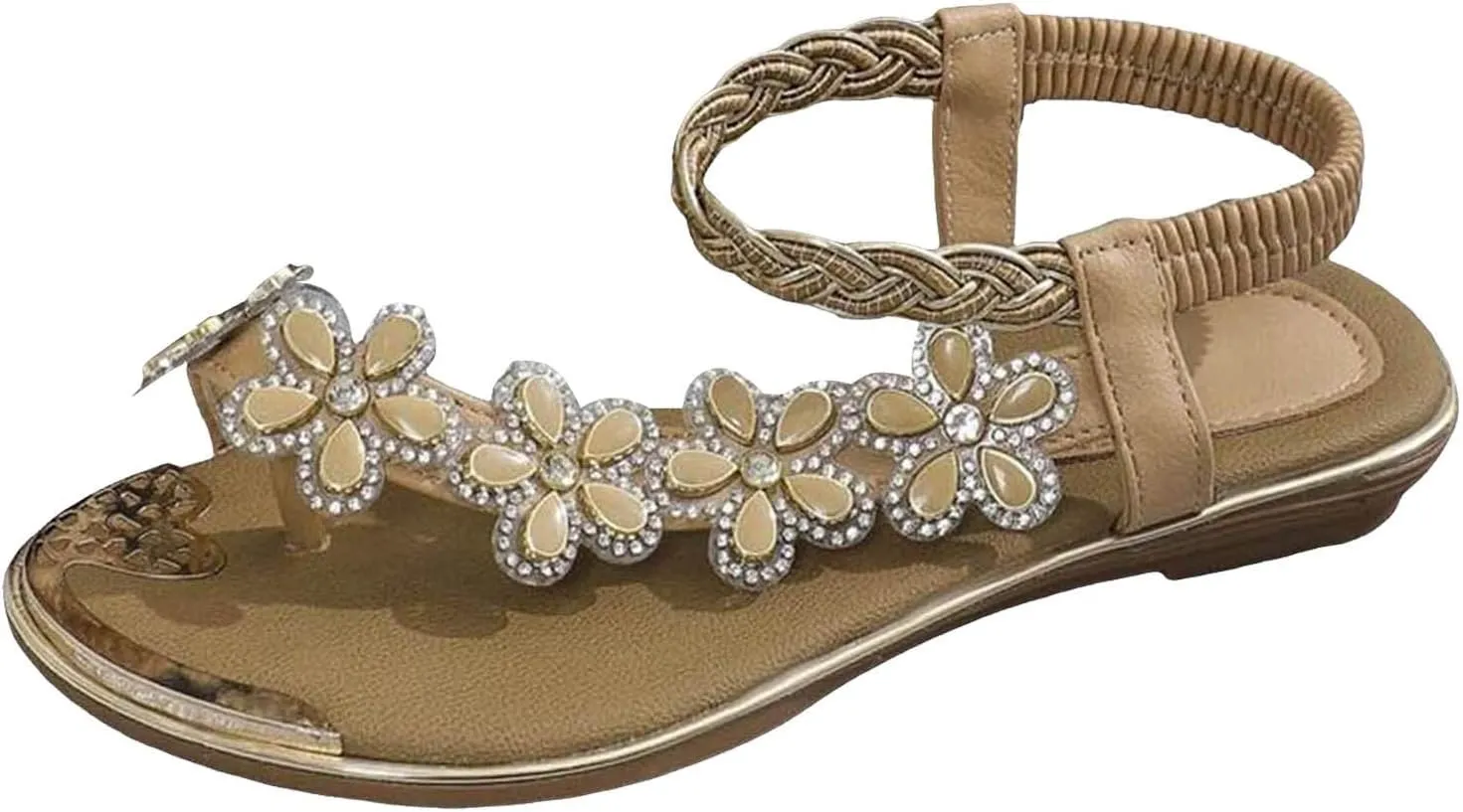 Women Flat Floral Flip Flops Boho Casual Shoes Women's Orthopaedic Sandals Elegant Cork Sandals for Women Suede (Khaki, 12)
