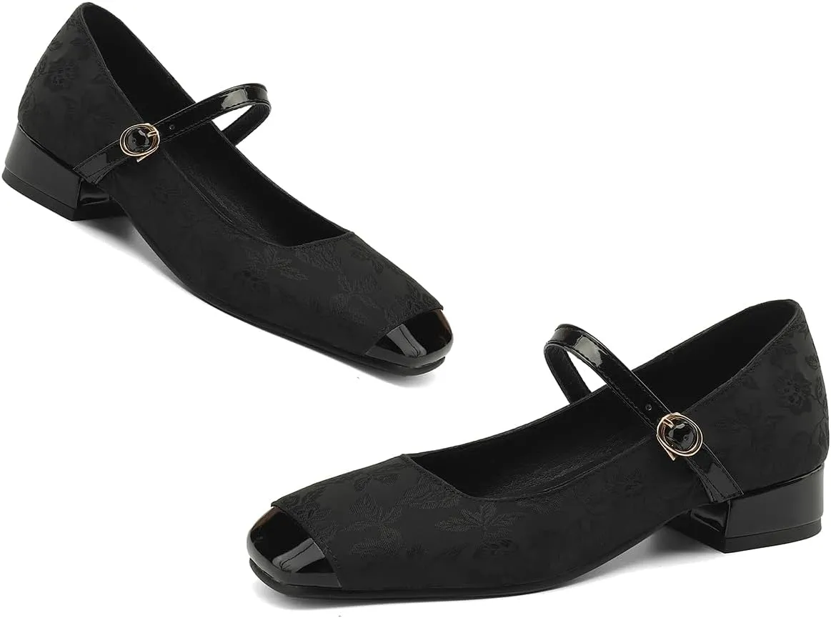 Women Square Closed Toe Mary Jane Flats Ankle Strap Cap Toe Flats Two-Toned 1 Inch Low Flat Heel Dress Shoes Embroidered Flat Shoes for Office Ladies Girls Party Club Driving Flats 4-10 M US