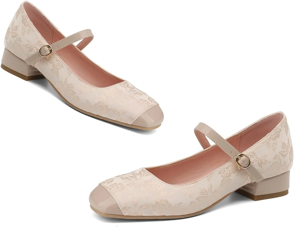 Women Square Closed Toe Mary Jane Flats Ankle Strap Cap Toe Flats Two-Toned 1 Inch Low Flat Heel Dress Shoes Embroidered Flat Shoes for Office Ladies Girls Party Club Driving Flats 4-10 M US