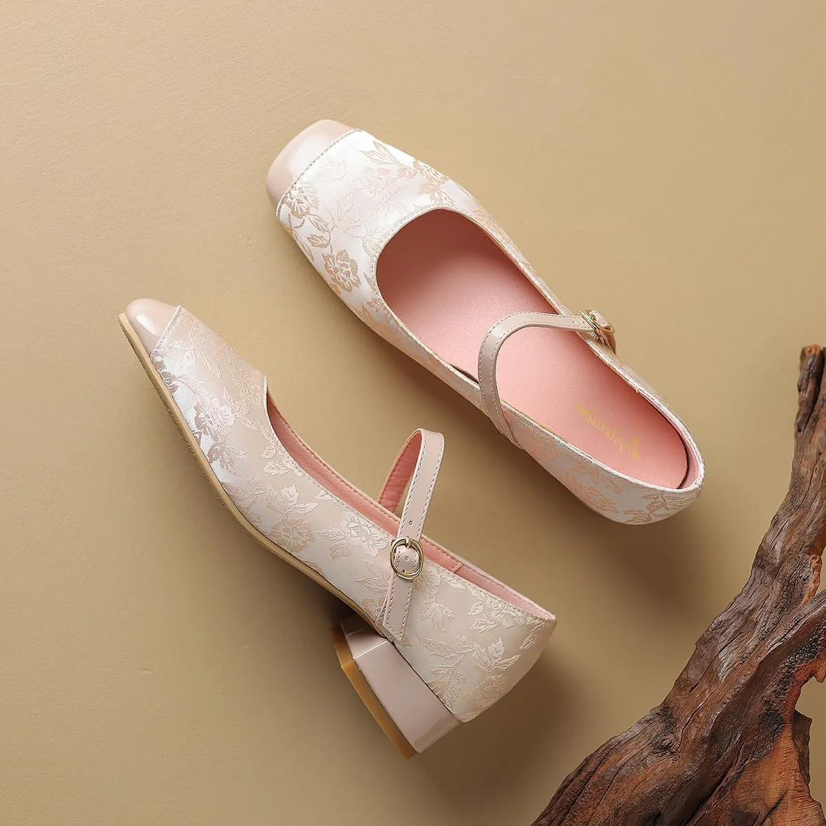 Women Square Closed Toe Mary Jane Flats Ankle Strap Cap Toe Flats Two-Toned 1 Inch Low Flat Heel Dress Shoes Embroidered Flat Shoes for Office Ladies Girls Party Club Driving Flats 4-10 M US