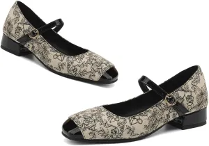 Women Square Closed Toe Mary Jane Flats Ankle Strap Cap Toe Flats Two-Toned 1 Inch Low Flat Heel Dress Shoes Embroidered Flat Shoes for Office Ladies Girls Party Club Driving Flats 4-10 M US