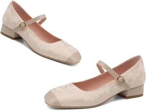 Women Square Closed Toe Mary Jane Flats Ankle Strap Cap Toe Flats Two-Toned 1 Inch Low Flat Heel Dress Shoes Embroidered Flat Shoes for Office Ladies Girls Party Club Driving Flats 4-10 M US