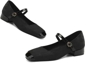 Women Square Closed Toe Mary Jane Flats Ankle Strap Cap Toe Flats Two-Toned 1 Inch Low Flat Heel Dress Shoes Embroidered Flat Shoes for Office Ladies Girls Party Club Driving Flats 4-10 M US