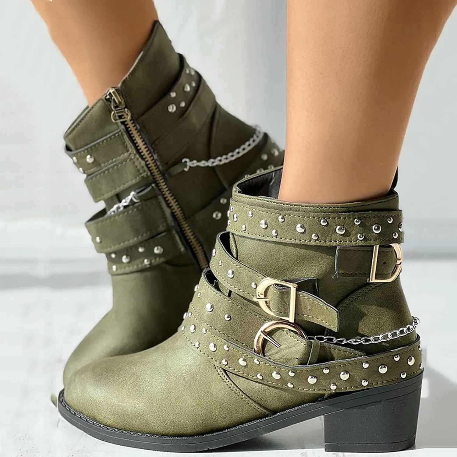 Womens Boots Retro Fashion Button Thick Heel Round Toe Boots for Women Durable Soft Leather Winter Boots
