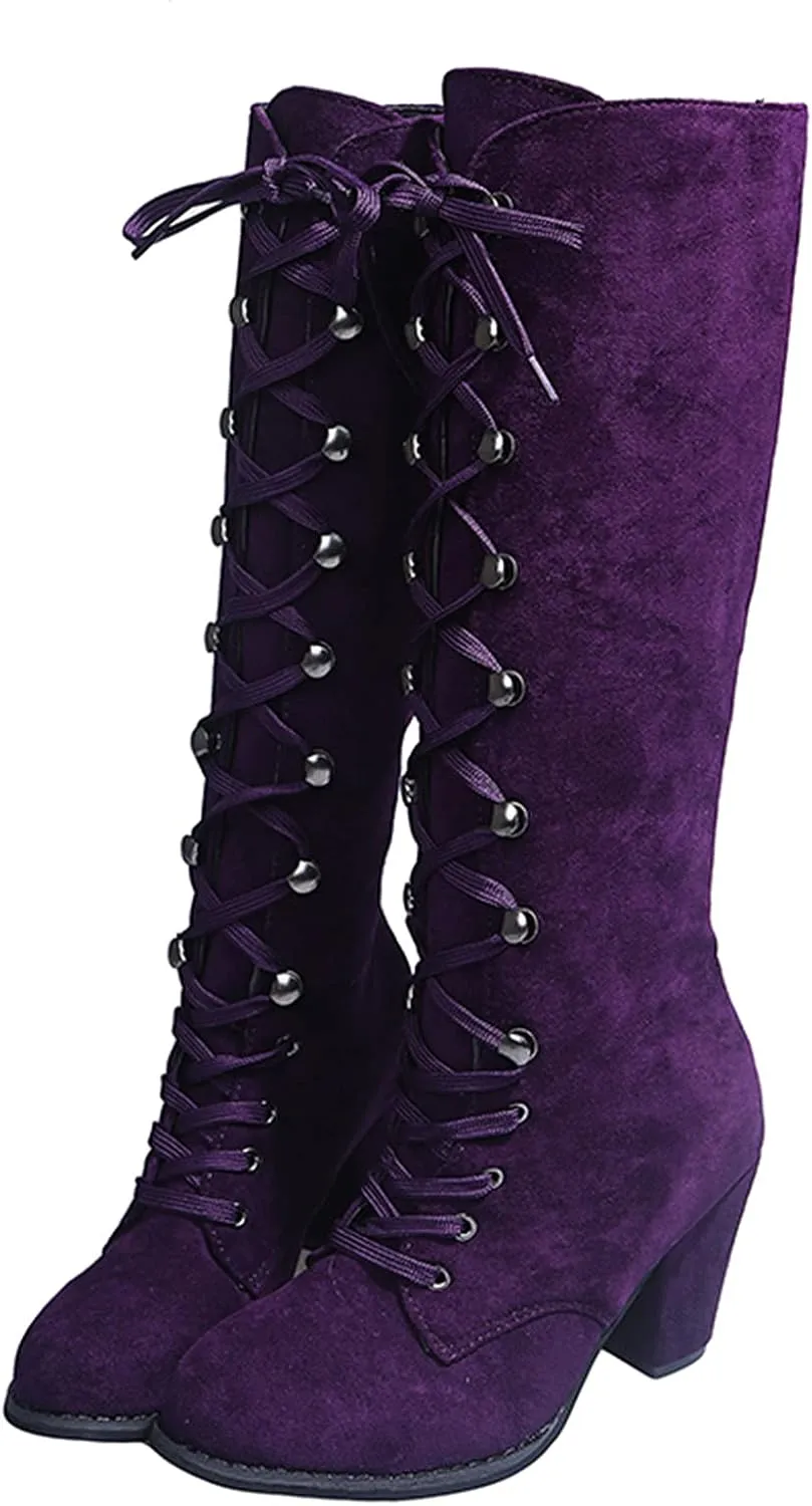 Womens Boots Retro Lace Up Thick Heels Boots for Women Mid-Calf Warm Comfortable Winter Boots for Women
