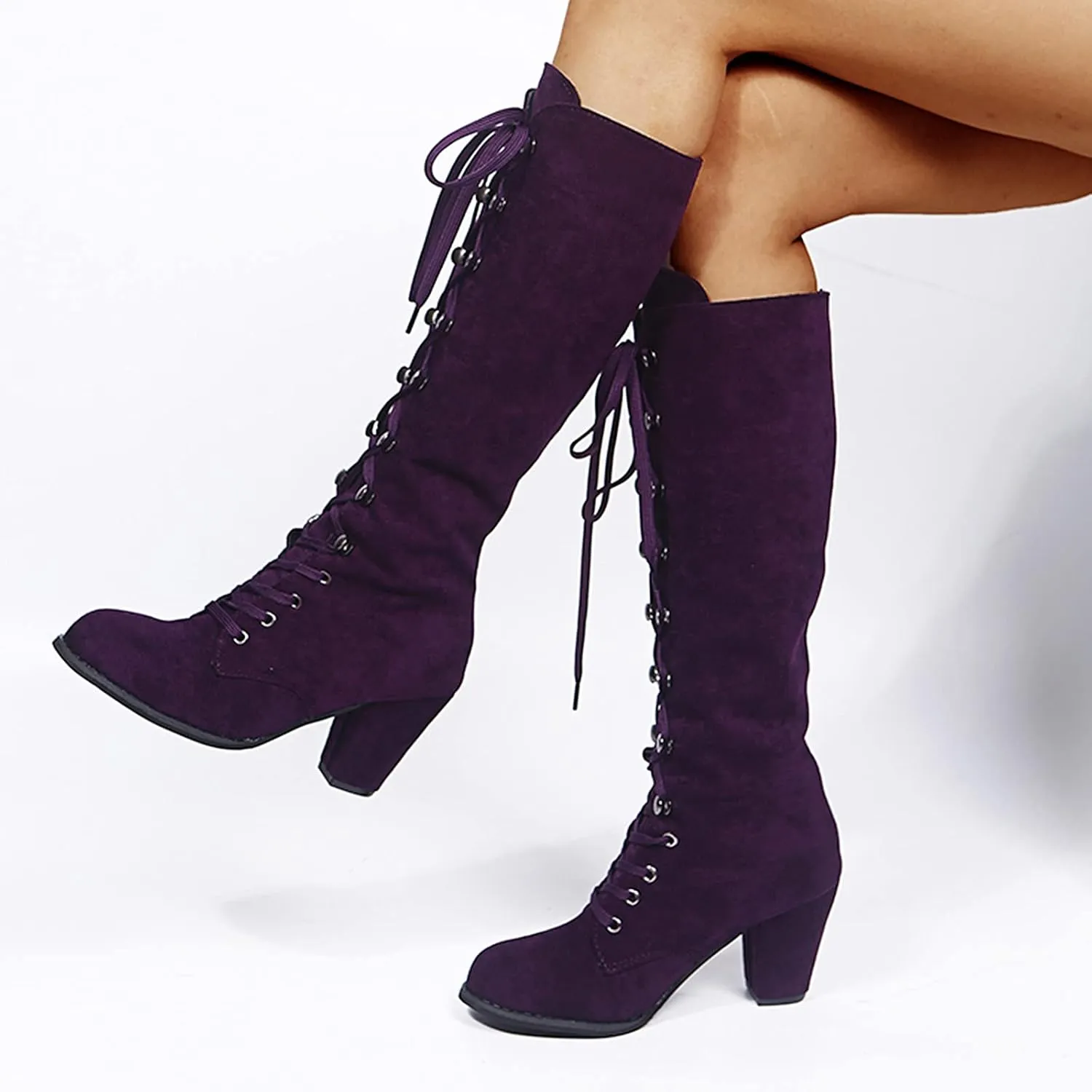 Womens Boots Retro Lace Up Thick Heels Boots for Women Mid-Calf Warm Comfortable Winter Boots for Women