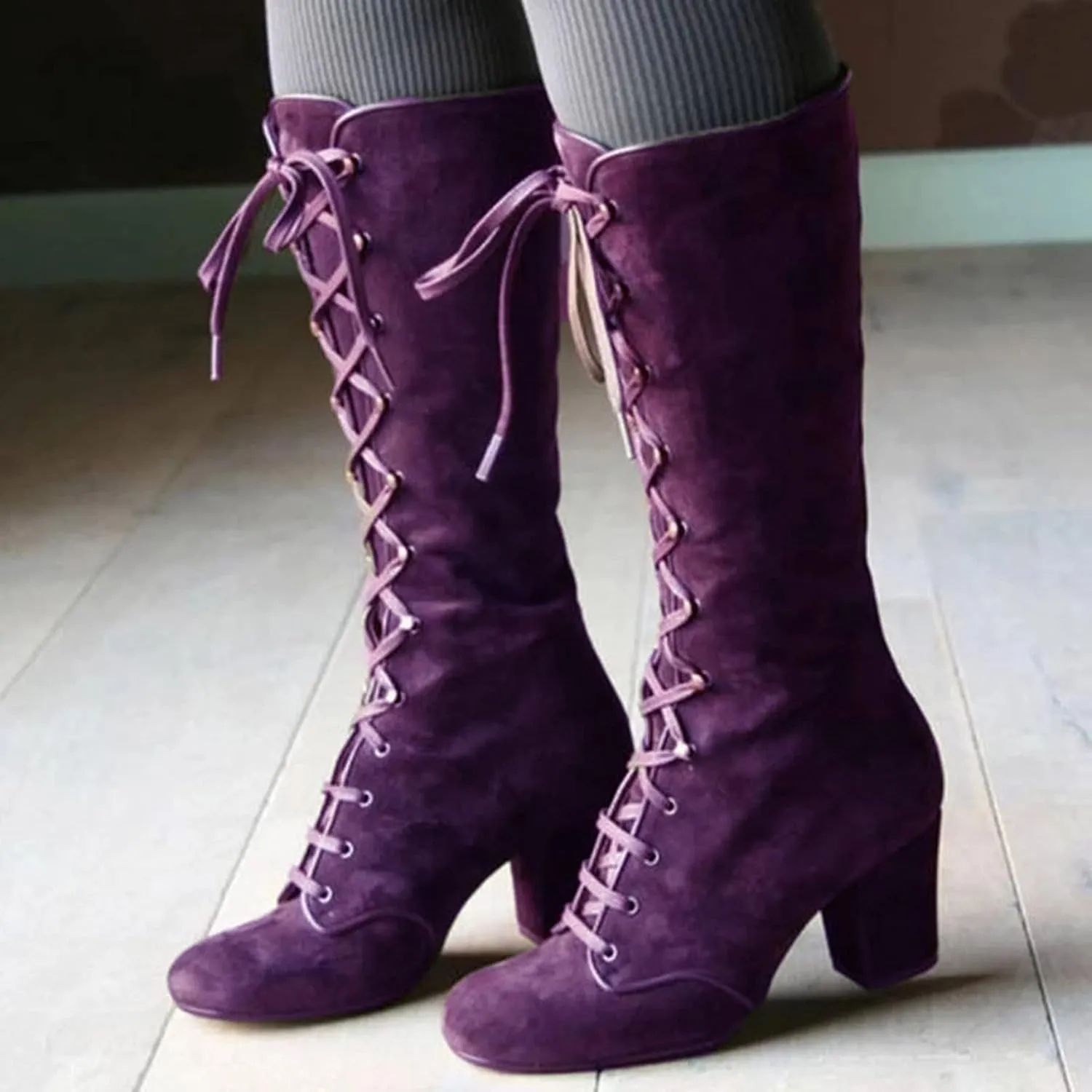 Womens Boots Retro Lace Up Thick Heels Boots for Women Mid-Calf Warm Comfortable Winter Boots for Women