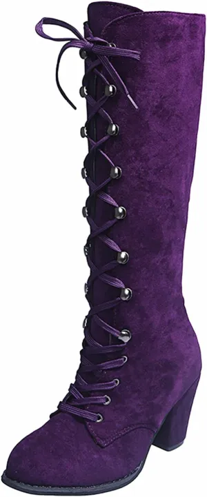 Womens Boots Retro Lace Up Thick Heels Boots for Women Mid-Calf Warm Comfortable Winter Boots for Women