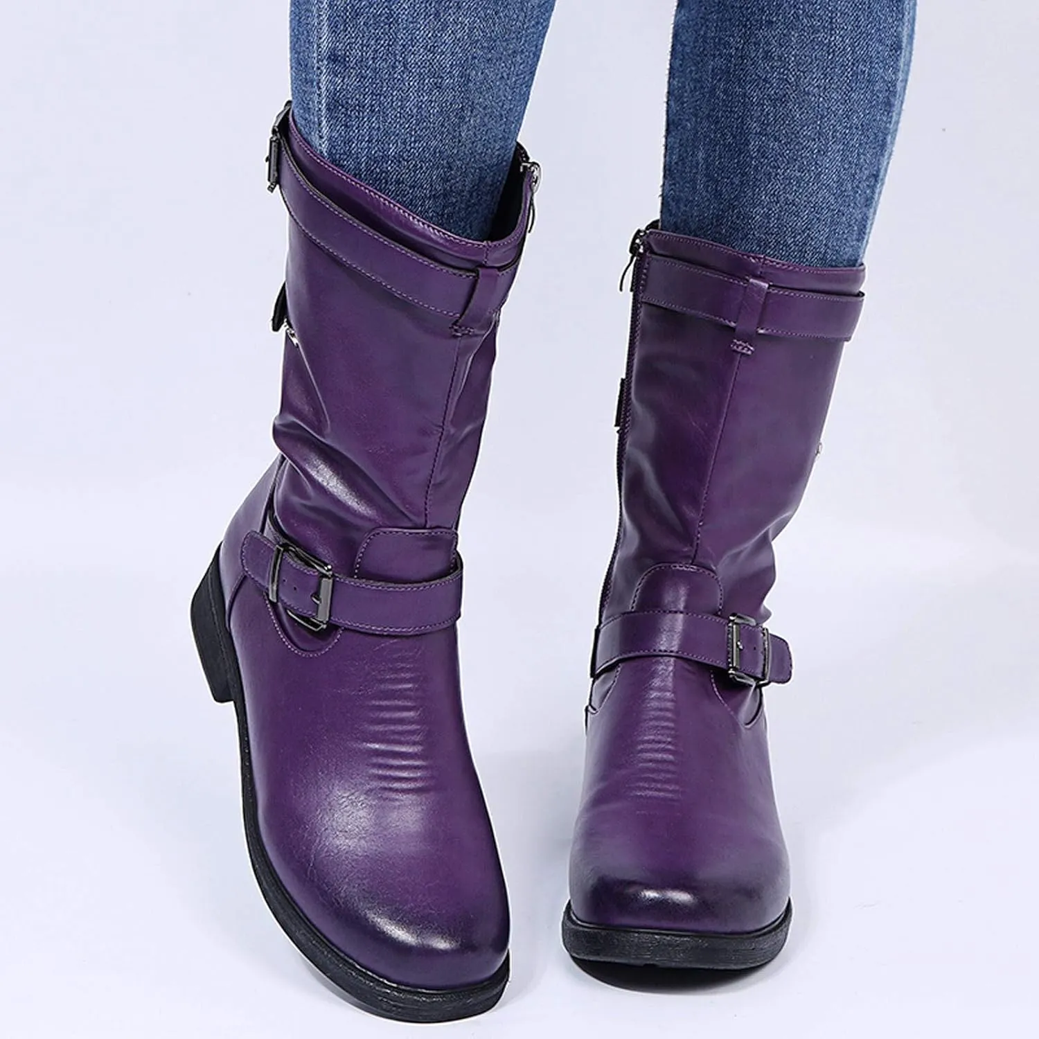 Womens Boots Retro Side Zipper Square Heel Boots for Women Round Toe Cozy Durable Faux Leather Mid-Calf Boots
