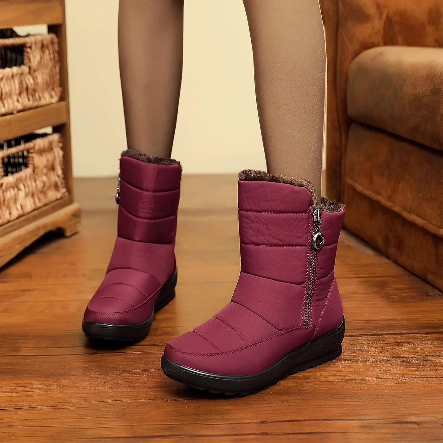 Women's Classic Faux Fur Slip on Winter Ankle Snow Boots Womens Winter Boots Size 12 Fur Lined Mid Calf Winter Boots Women Winter Dress Boots for Women Low Heel Tall Wedge Heel Winter Boots for Women
