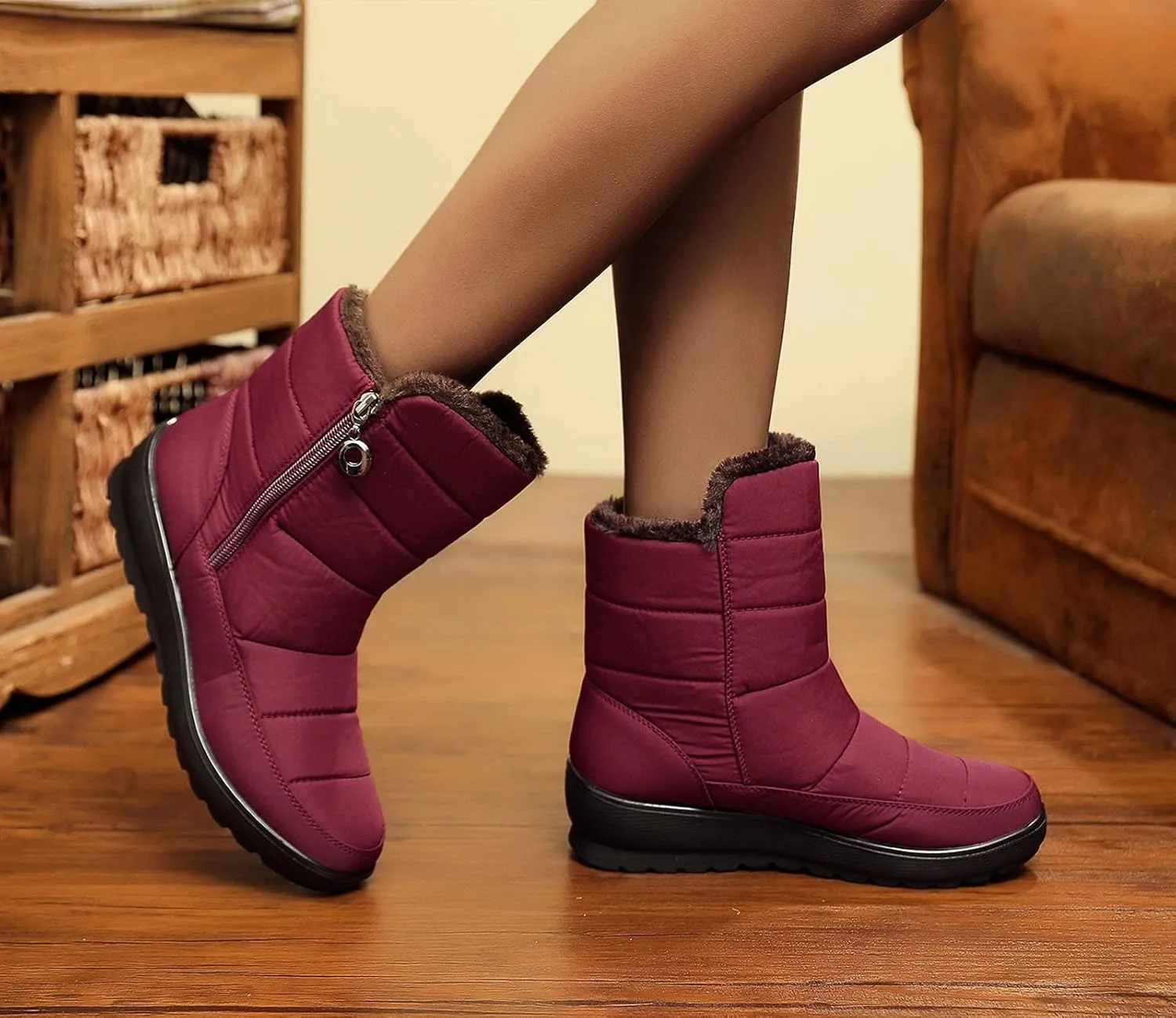 Women's Classic Faux Fur Slip on Winter Ankle Snow Boots Womens Winter Boots Size 12 Fur Lined Mid Calf Winter Boots Women Winter Dress Boots for Women Low Heel Tall Wedge Heel Winter Boots for Women