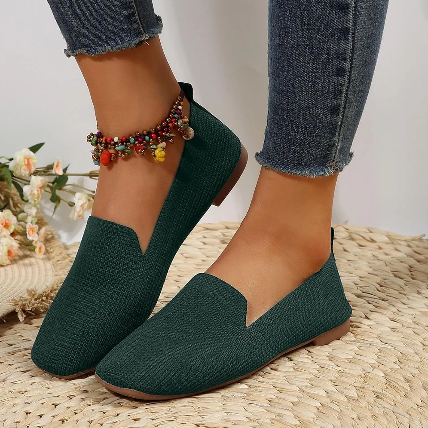 Womens Knitted Flat Shoes Soft Cushion Loafers Flats Shoes Round Head Ballet Flat Shoe Breathable Walking Shoe