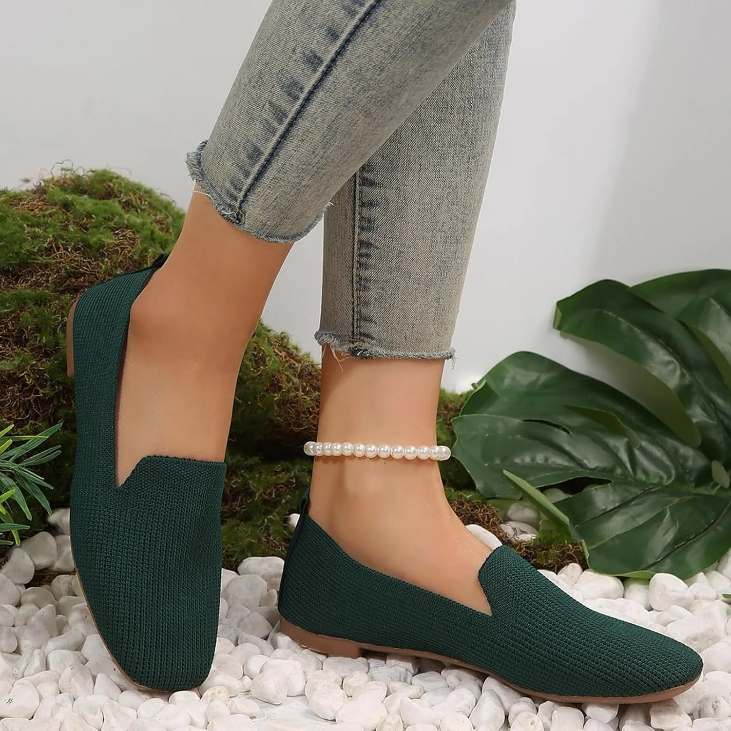 Womens Knitted Flat Shoes Soft Cushion Loafers Flats Shoes Round Head Ballet Flat Shoe Breathable Walking Shoe