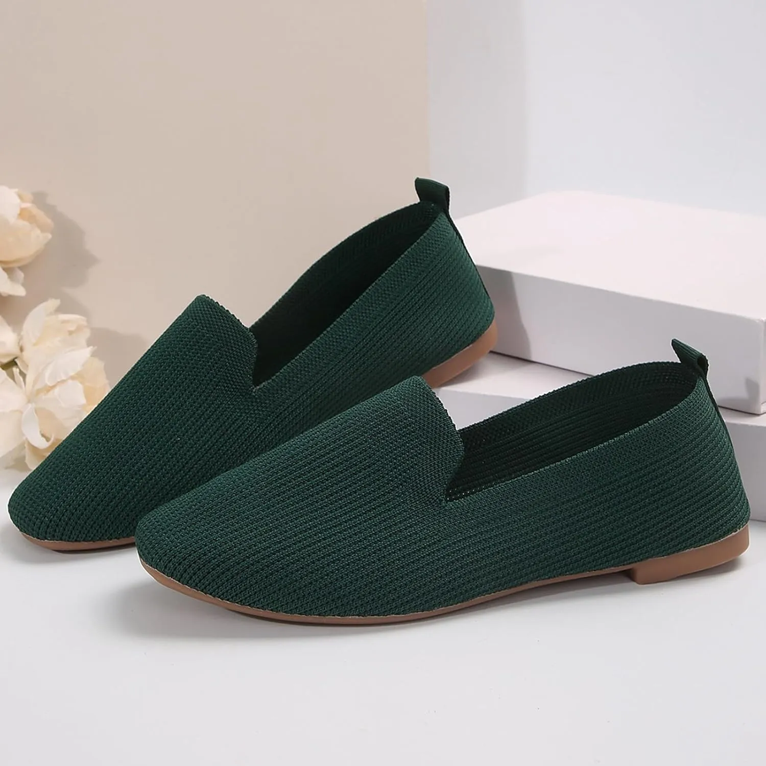 Womens Knitted Flat Shoes Soft Cushion Loafers Flats Shoes Round Head Ballet Flat Shoe Breathable Walking Shoe