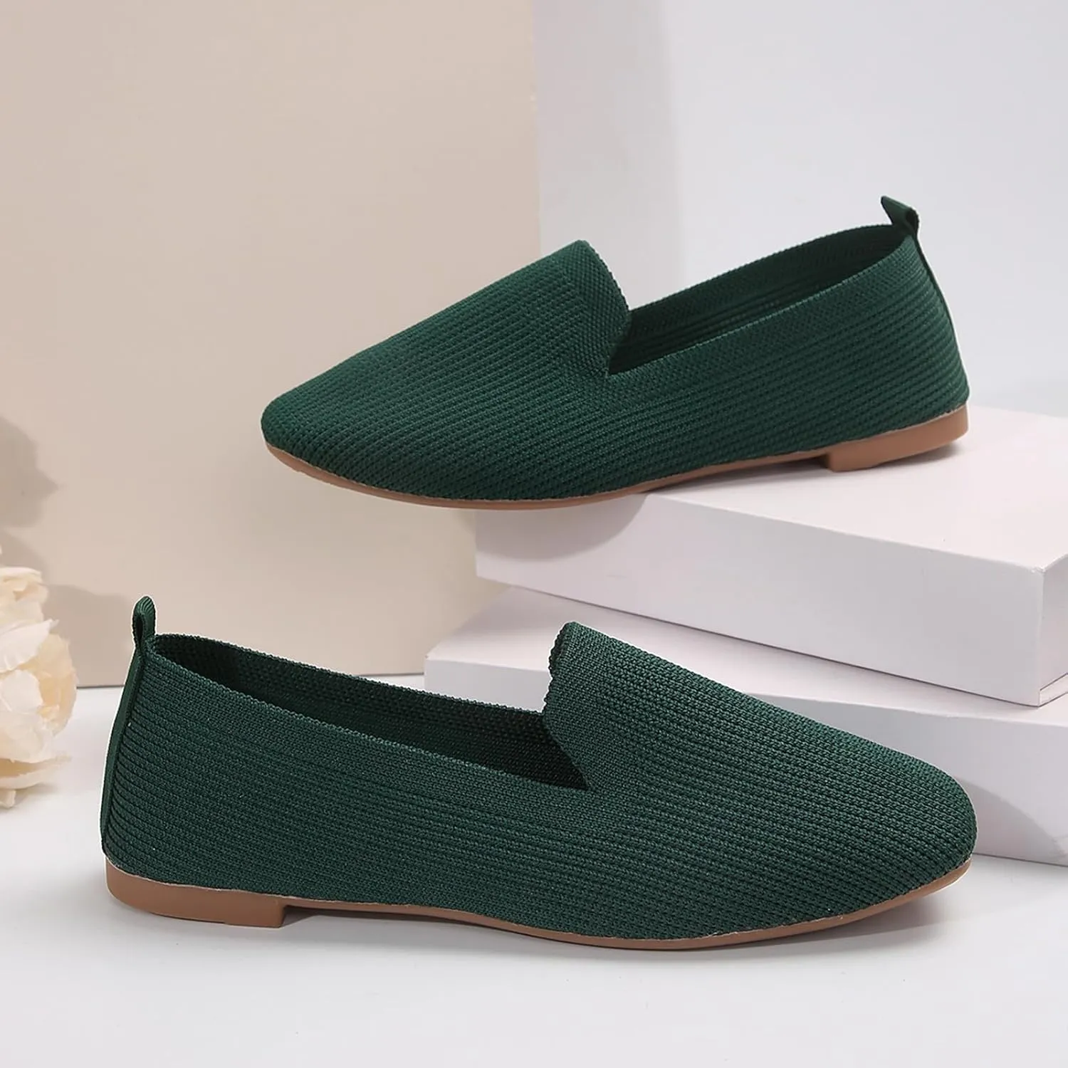 Womens Knitted Flat Shoes Soft Cushion Loafers Flats Shoes Round Head Ballet Flat Shoe Breathable Walking Shoe