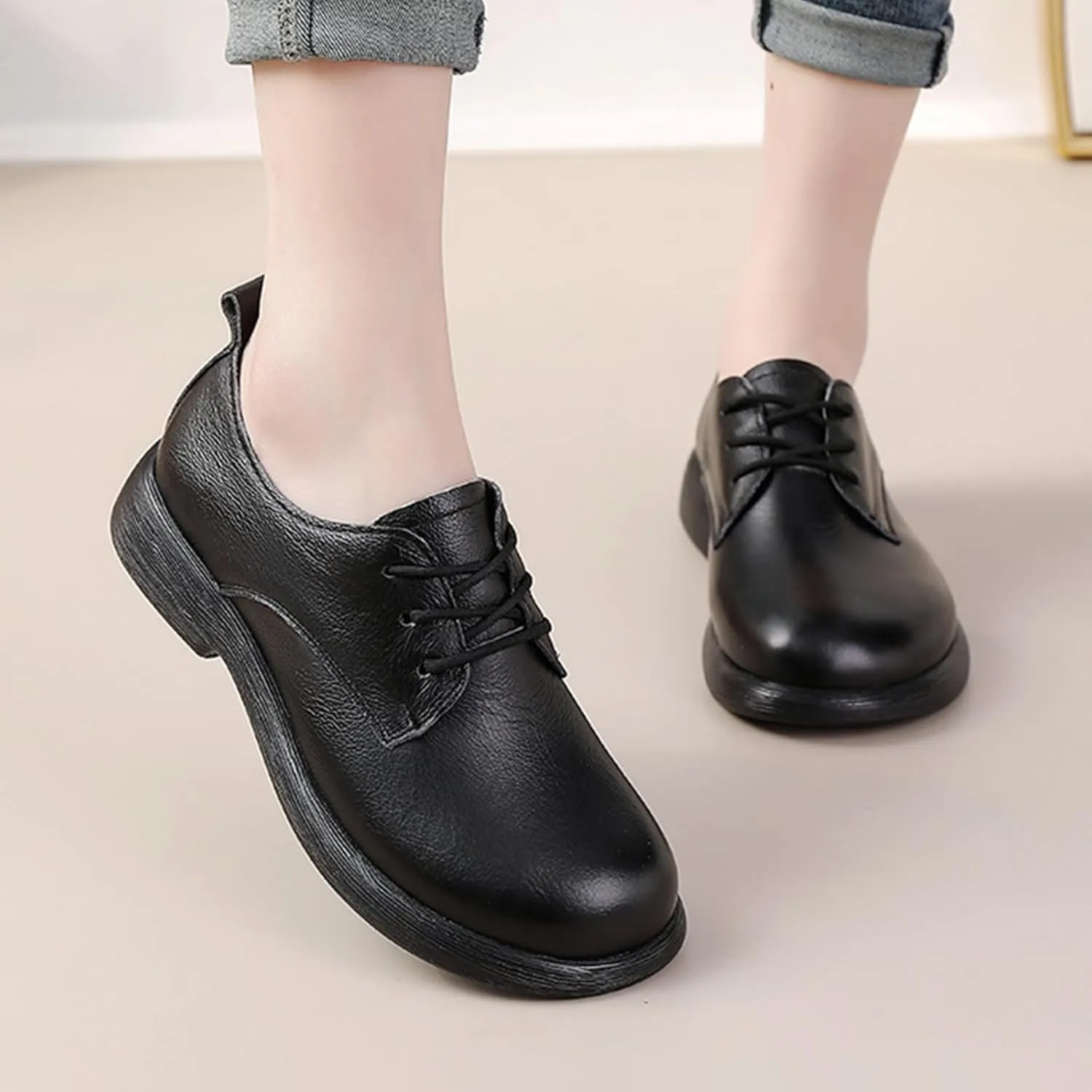 Women's Leather Oxford Dress Shoes,Classic Comfort Round Toe Lace-up Non-Slip Cushion Softsole Business Casual Shoes