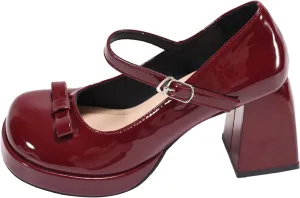 Women's Patent Leather Chunky High Heel Mary Janes with Adjustable Strap Cute Bow Round Toe Comfortable Platform Block Heel Non Slip Goth Dress Pumps for Work Party