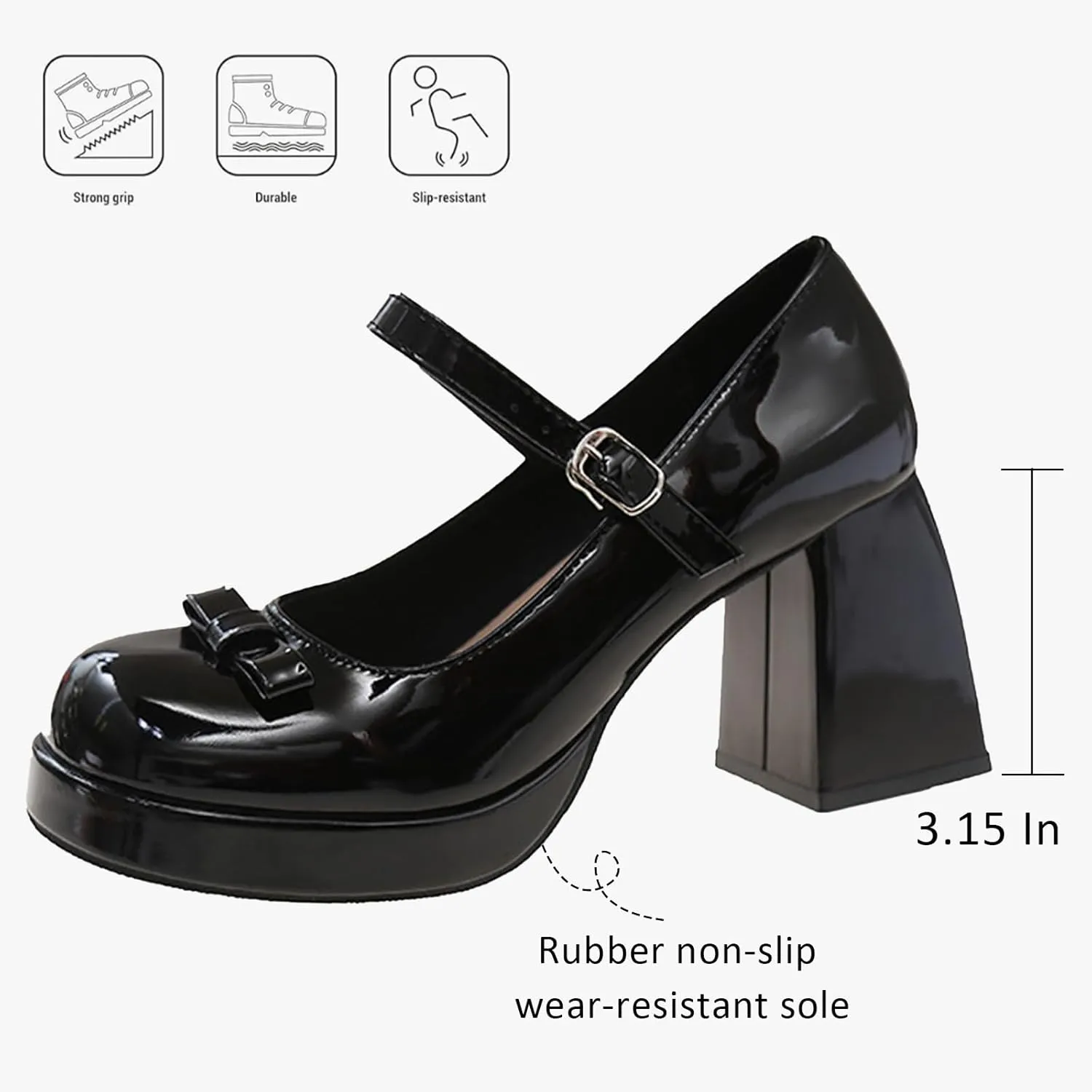 Women's Patent Leather Chunky High Heel Mary Janes with Adjustable Strap Cute Bow Round Toe Comfortable Platform Block Heel Non Slip Goth Dress Pumps for Work Party
