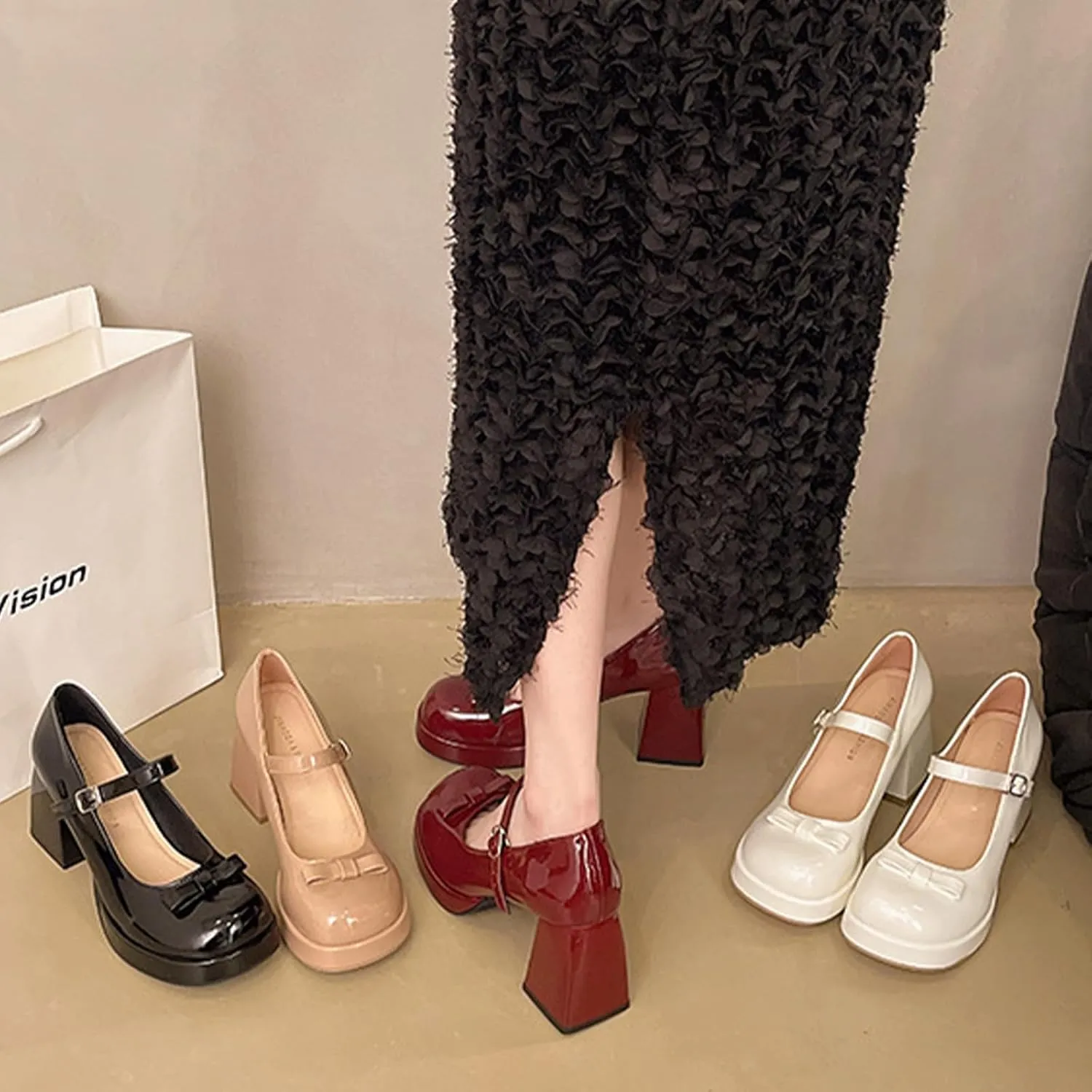 Women's Patent Leather Chunky High Heel Mary Janes with Adjustable Strap Cute Bow Round Toe Comfortable Platform Block Heel Non Slip Goth Dress Pumps for Work Party