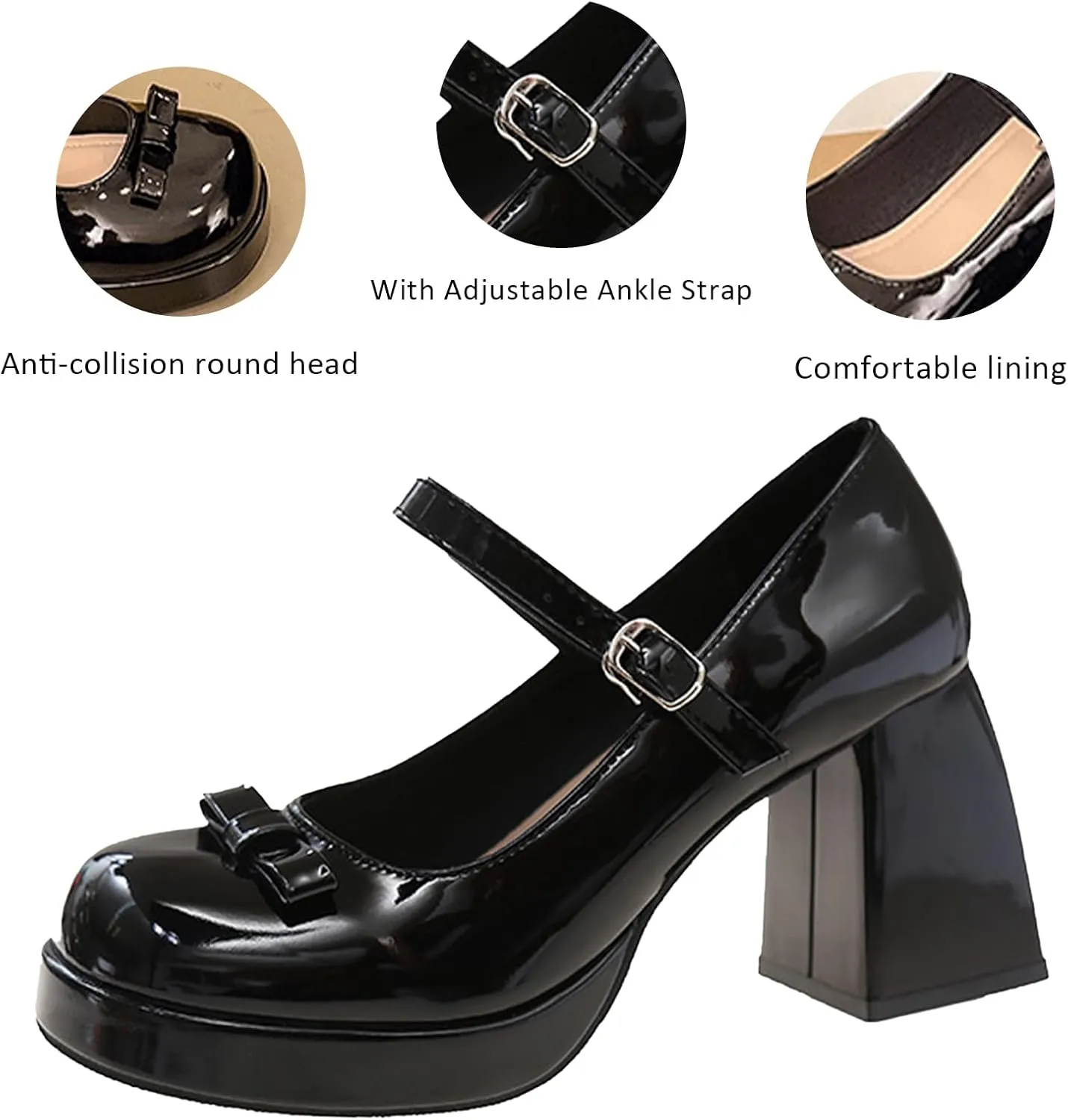Women's Patent Leather Chunky High Heel Mary Janes with Adjustable Strap Cute Bow Round Toe Comfortable Platform Block Heel Non Slip Goth Dress Pumps for Work Party