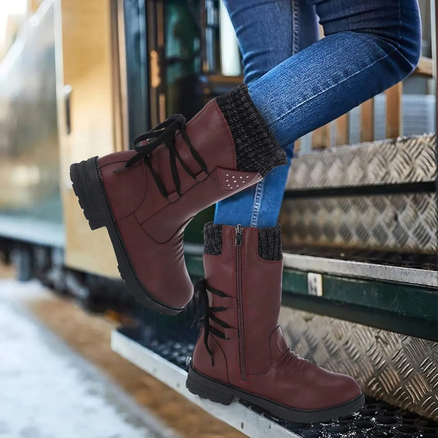 Womens Snow Boots 8.5 Wide Wide Foot Snow Boot for Women Women Platform Lace Up Winter Faux Fur Short Snow Boots Women's Winter Boots Black Womens Waterproof Winter Sneaker Boots