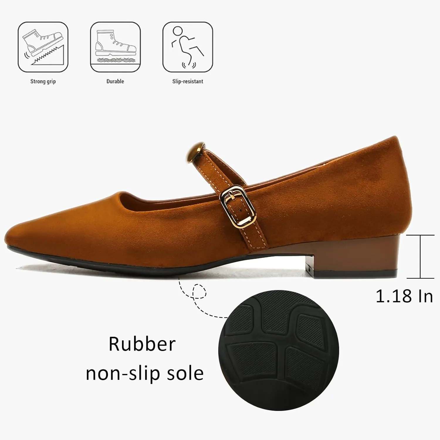 Women's Suede Square Toe Low Chunky Heel Mary Janes with Adjustable Buckle Fashion Metal Decoration Comfortable Non-Slip Slip On Pumps for Dress Party Wedding Work