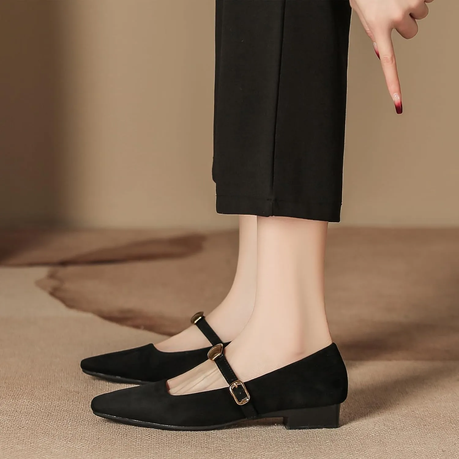 Women's Suede Square Toe Low Chunky Heel Mary Janes with Adjustable Buckle Fashion Metal Decoration Comfortable Non-Slip Slip On Pumps for Dress Party Wedding Work