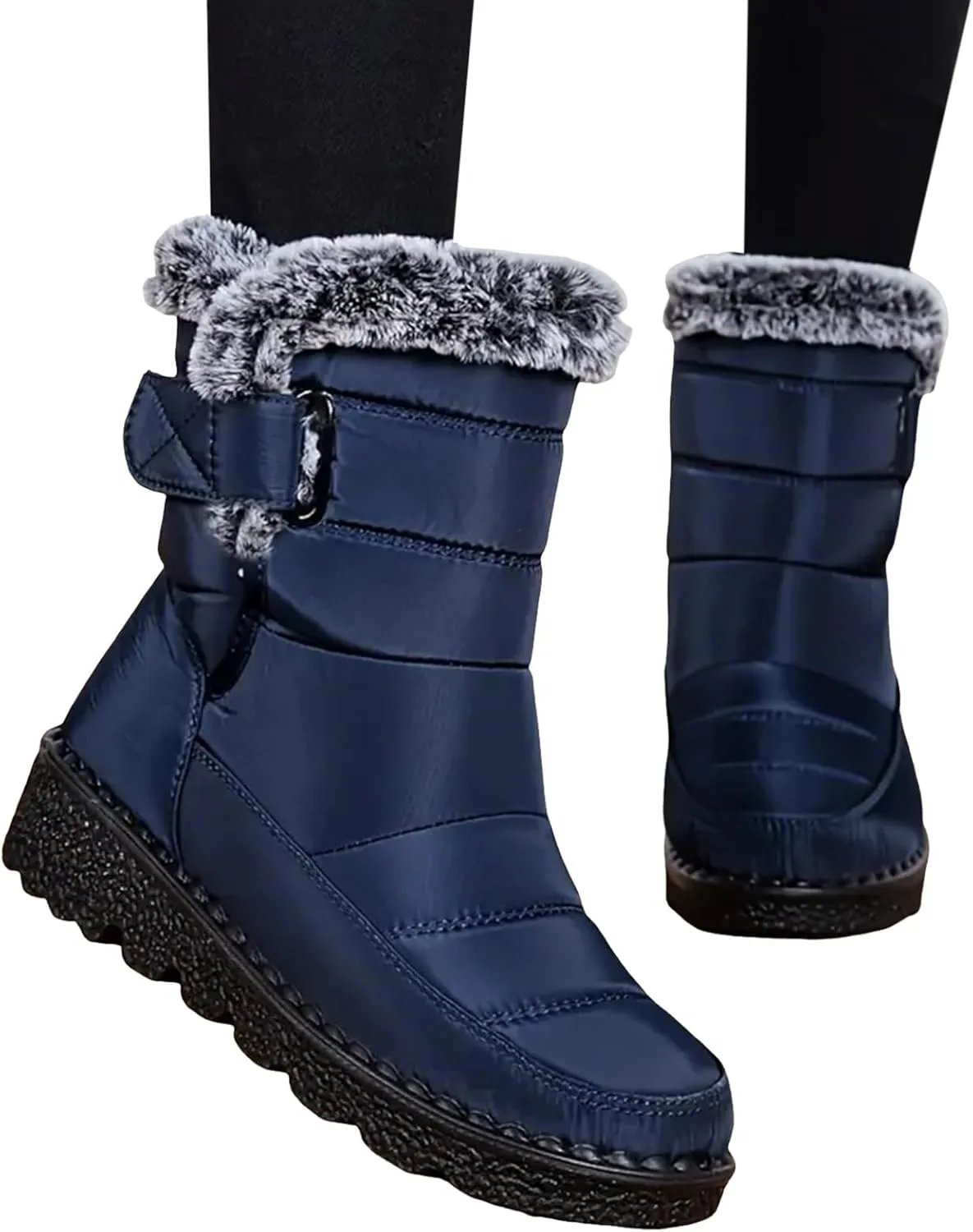 Womens Winter Snow Boots Men Couple Warm Fur Lined Booties Non Slip Waterproof Flat Hook Loop Snow Boots