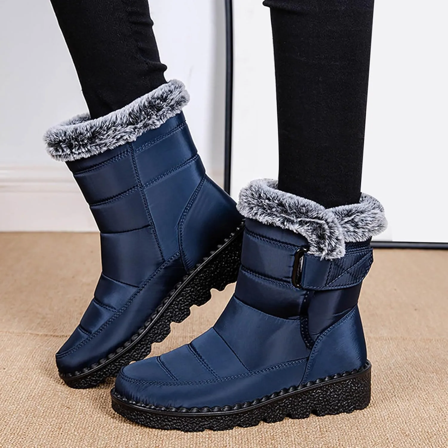 Womens Winter Snow Boots Men Couple Warm Fur Lined Booties Non Slip Waterproof Flat Hook Loop Snow Boots
