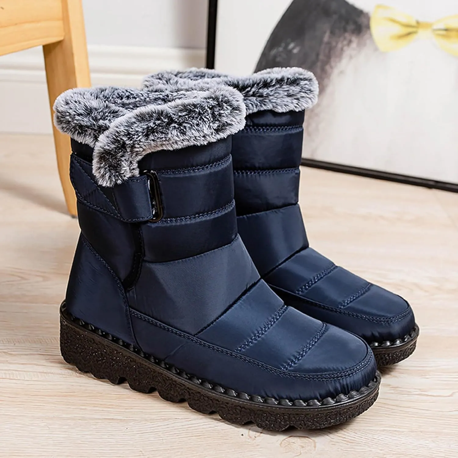 Womens Winter Snow Boots Men Couple Warm Fur Lined Booties Non Slip Waterproof Flat Hook Loop Snow Boots