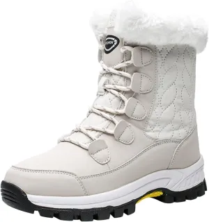 Womens Winter Snow Boots Mid Calf Lace Up Warm Fur Lined Boots Anti Slip Lug Sole Waterproof Hiking Snow Boots
