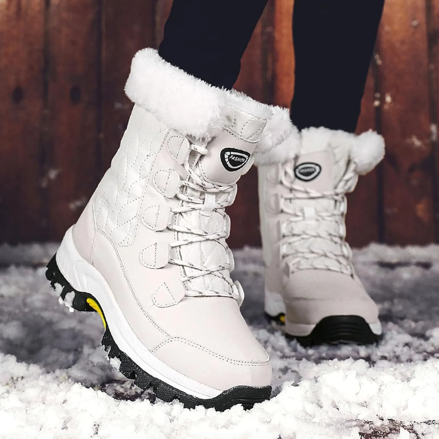 Womens Winter Snow Boots Mid Calf Lace Up Warm Fur Lined Boots Anti Slip Lug Sole Waterproof Hiking Snow Boots