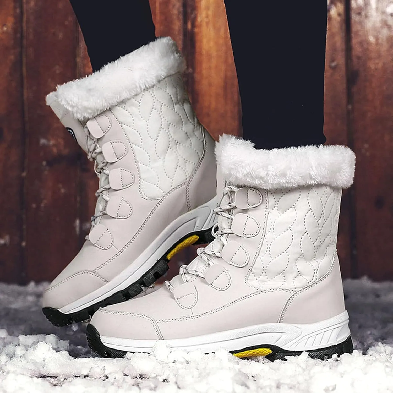 Womens Winter Snow Boots Mid Calf Lace Up Warm Fur Lined Boots Anti Slip Lug Sole Waterproof Hiking Snow Boots