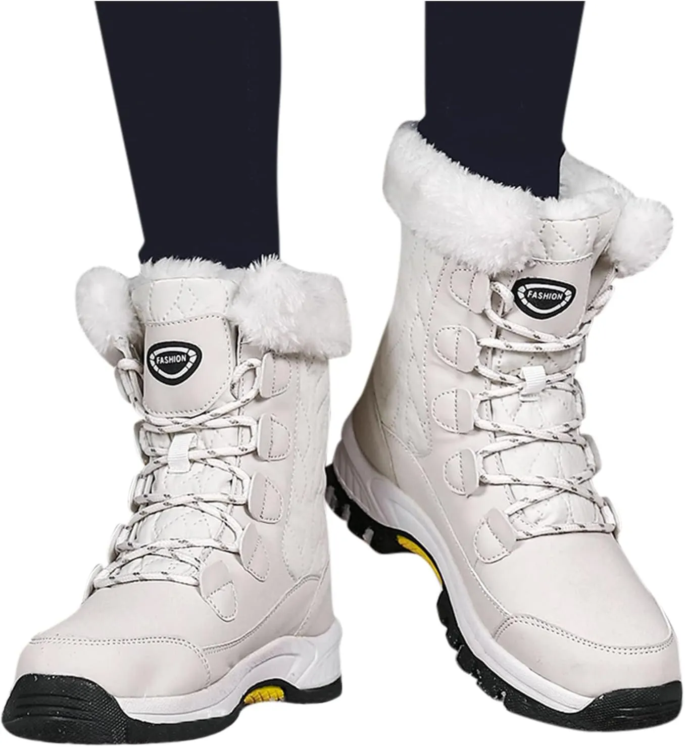 Womens Winter Snow Boots Mid Calf Lace Up Warm Fur Lined Boots Anti Slip Lug Sole Waterproof Hiking Snow Boots
