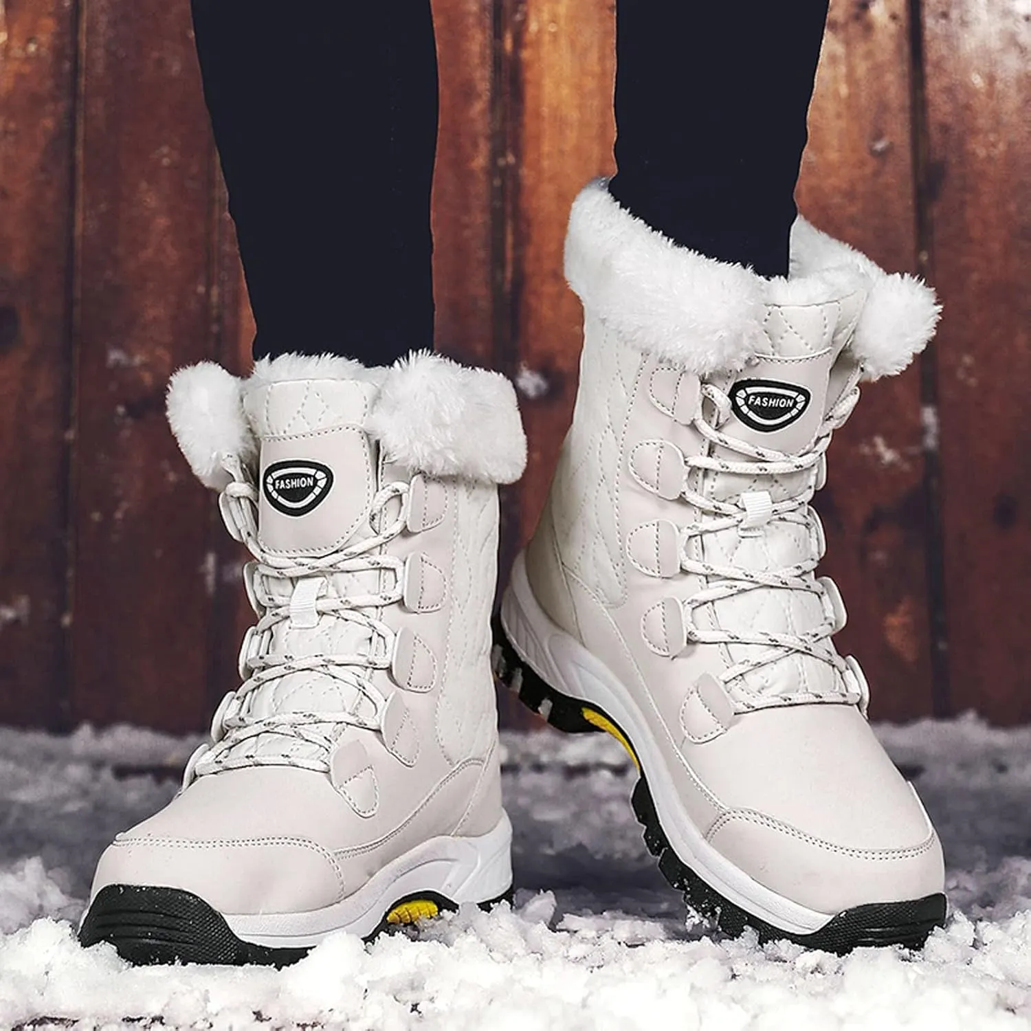 Womens Winter Snow Boots Mid Calf Lace Up Warm Fur Lined Boots Anti Slip Lug Sole Waterproof Hiking Snow Boots
