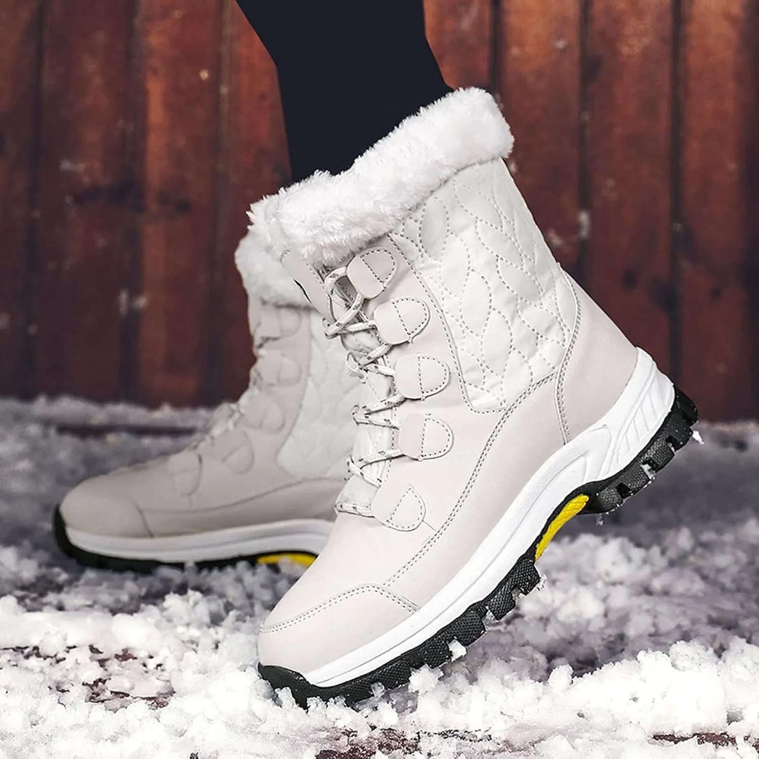 Womens Winter Snow Boots Mid Calf Lace Up Warm Fur Lined Boots Anti Slip Lug Sole Waterproof Hiking Snow Boots
