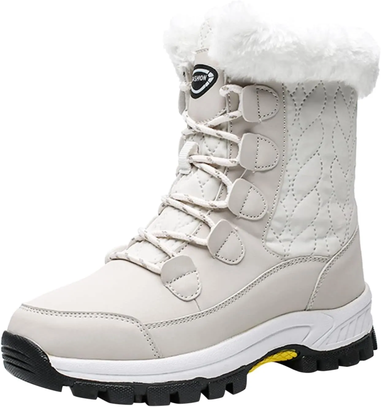 Womens Winter Snow Boots Mid Calf Lace Up Warm Fur Lined Boots Anti Slip Lug Sole Waterproof Hiking Snow Boots